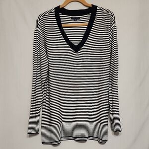 Tommy Hilfiger Blue and White Relaxed Long Sleeve V-neck Shirt